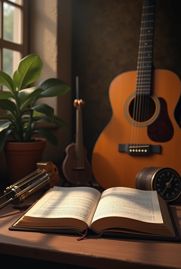 A guitar in the back has several instruments and a Bible standing open in front.