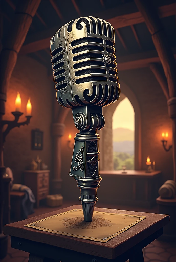 Create a logo for a podcast titled: “To the Prancing Pony” with a microphone in medieval style