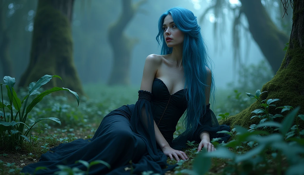 (photorealism:1.2), beautiful woman, forest, goth dress, long blue hair, dark lighting, plants background, moonlight, relaxed pose, realistic, intricate details, cold colors, cinematic lighting, dramatic atmosphere, ethereal, mystical, surreal, fantasy, enchanted, elegant, captivating