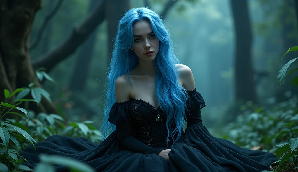 (photorealism:1.2), beautiful woman, forest, goth dress, long blue hair, dark lighting, plants background, moonlight, relaxed pose, realistic, intricate details, cold colors, cinematic lighting, dramatic atmosphere, ethereal, mystical, surreal, fantasy, enchanted, elegant, captivating