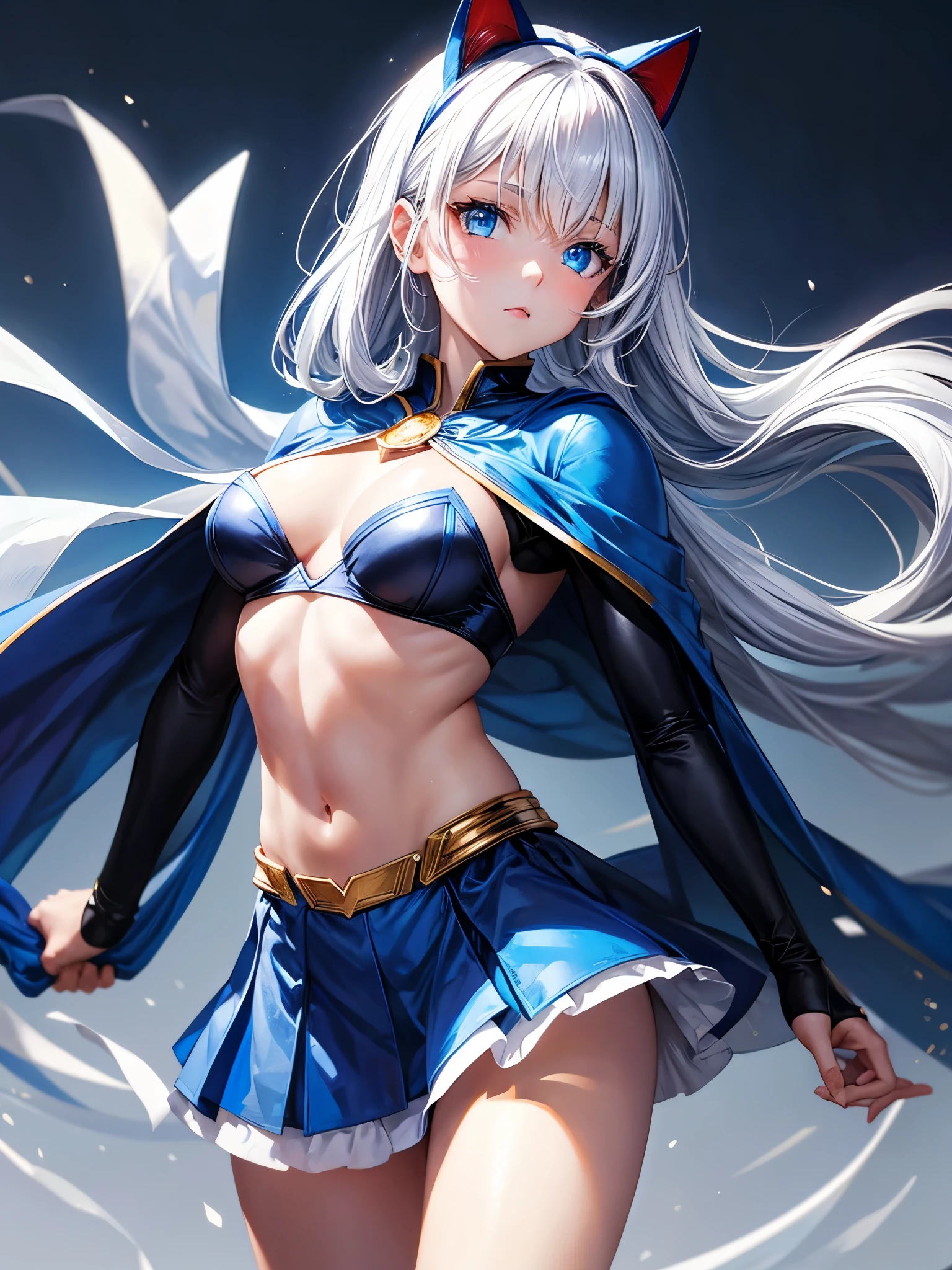 Hot girl, white air, blue eyes, black super hero clothes like superman, blue glove, blue cape  cat ears