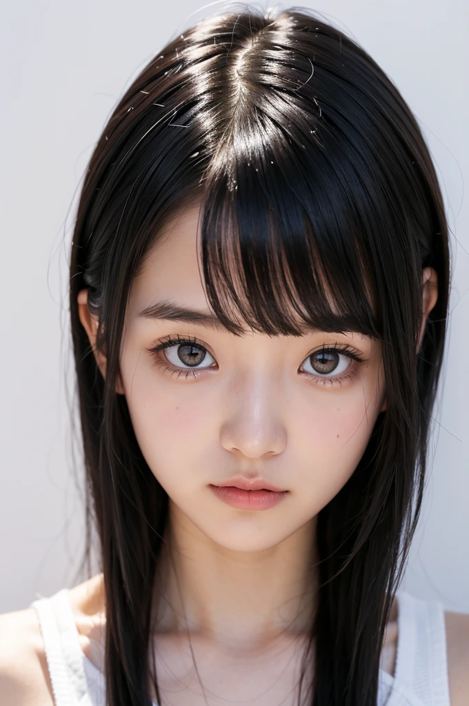18 year old girl , Japanese short black hair , eyes black , white background