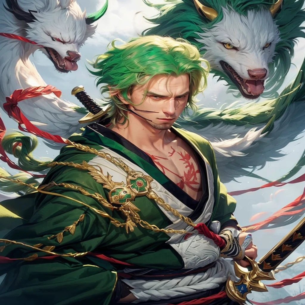 a coom man with green hair and green hair holding a sword.