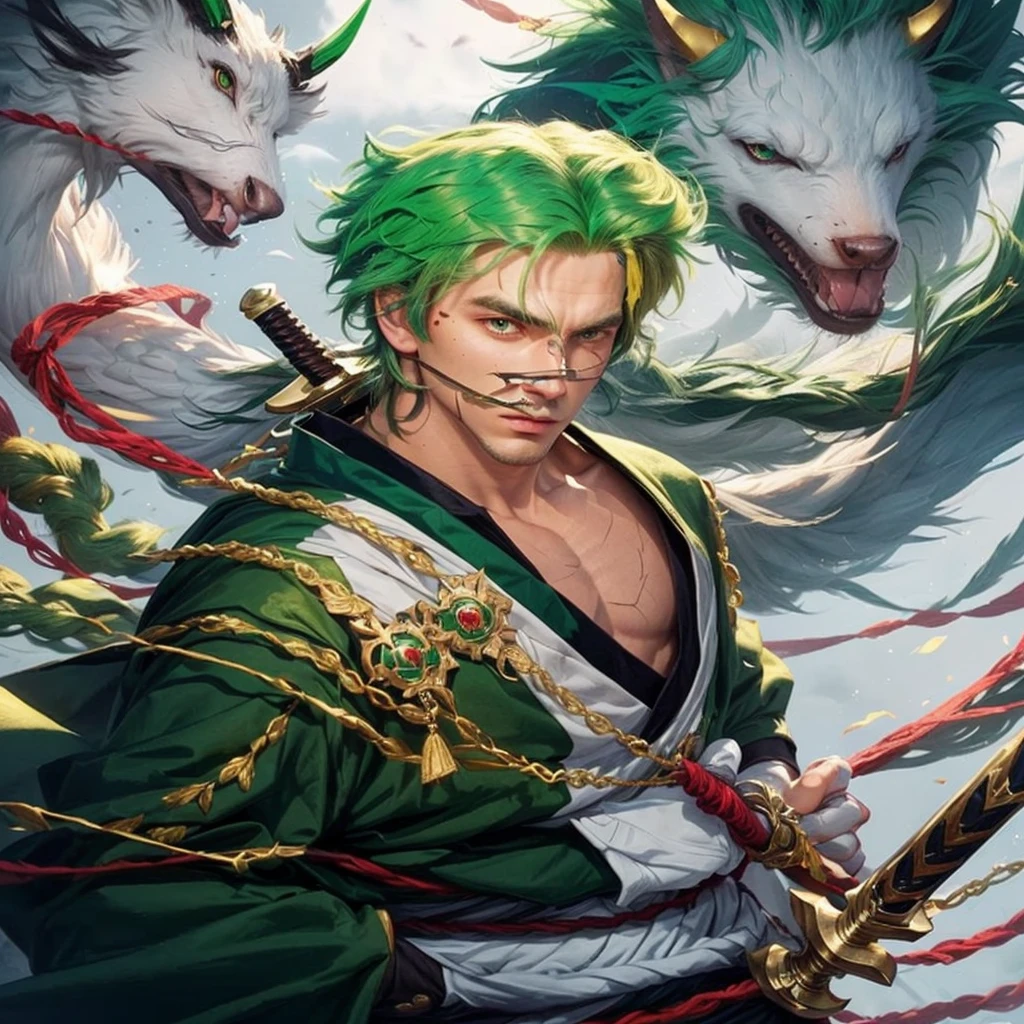 a coom man with green hair and green hair holding a sword.