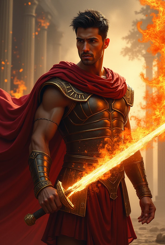 A man with black hair, he wears a Greek soldier outfit with a red cape and gold details. Her hair is short and her eyes are brown, he has a flame in one of his hands and a sword in the other