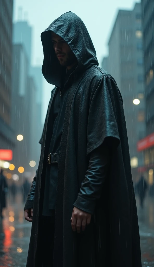 a man in a hood in the rain