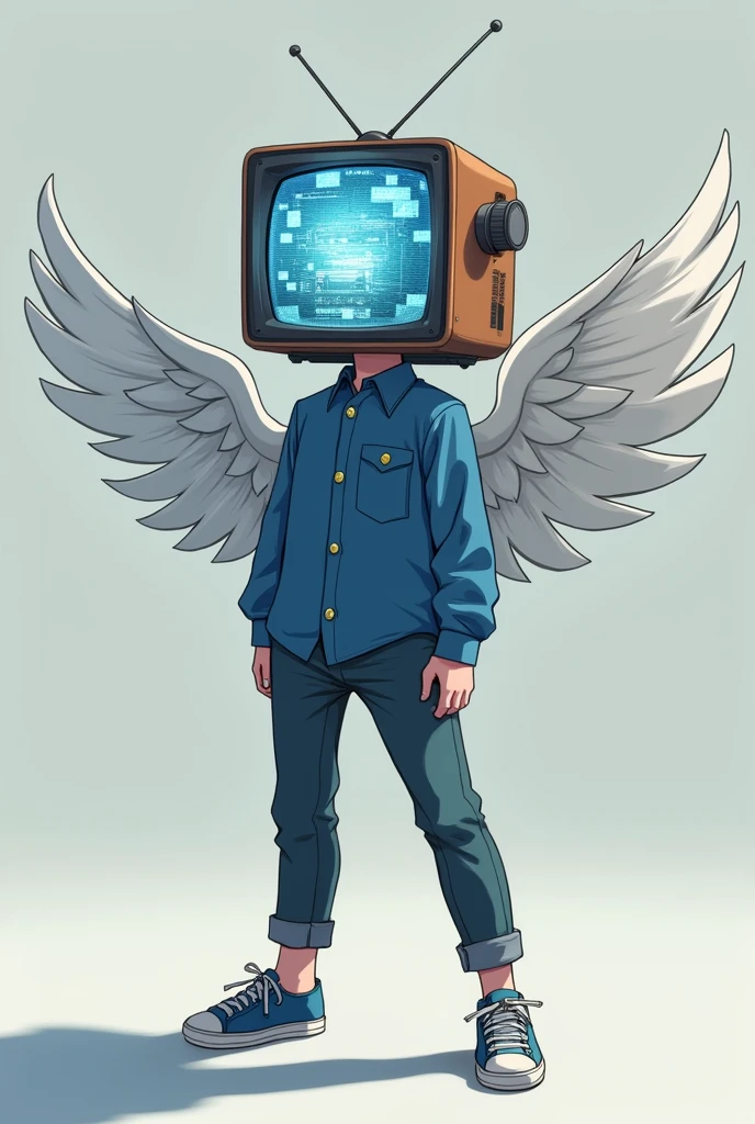 Anime ager with TV head and blue military shirt and paper wings posing for photo