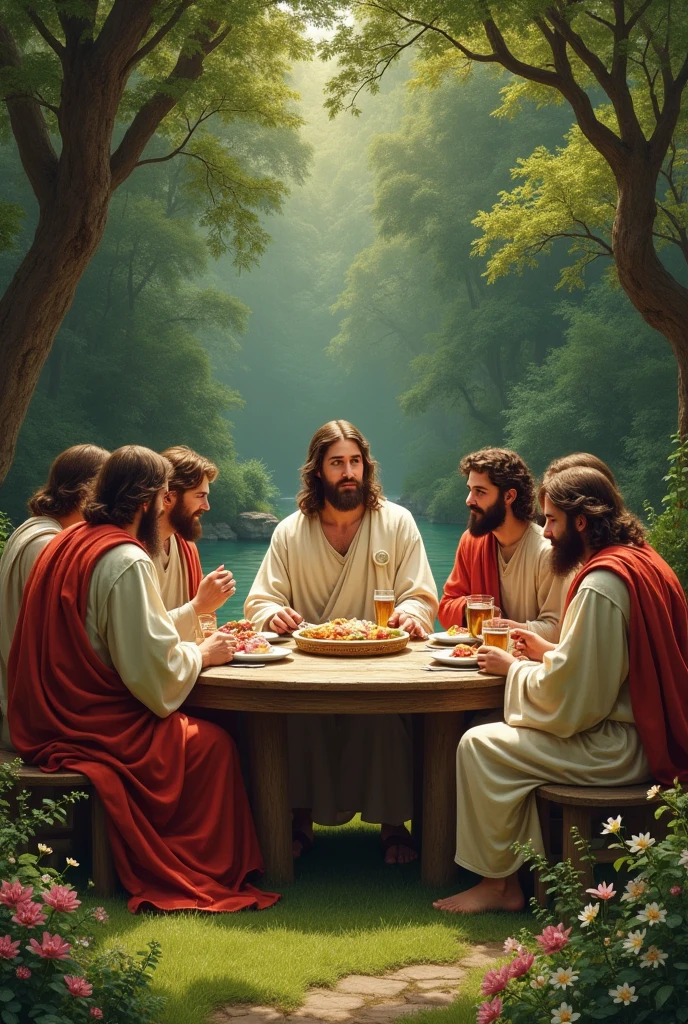 Jesus sharing dinner in a garden 