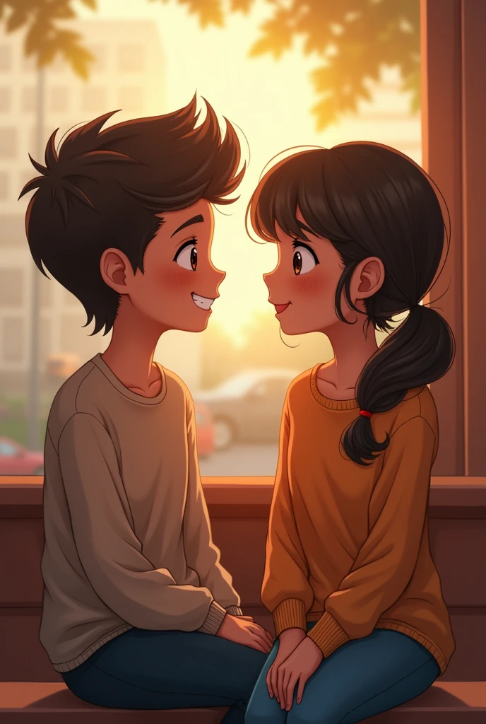 A boy poke his girlfriend forehead 