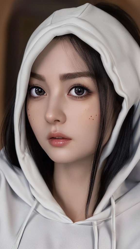 ((Highest quality、8k、masterpiece、Realistic live action:1.3))、Sharpness:1.2、Perfect body beauty:1.4、Slim Abs:1.2, Amazingly cute and beautiful woman, 、(Wear a hoodie)Clothes,, Highly detailed skin texture, Intricately detailed, double eyelid, Beautiful thin nose, , (Shiny black hair, Medium Straight Hair ), Beautiful Skin, Big eyes, 、Additional HD , masterpiece、((Realistic live action))、Close-up shot