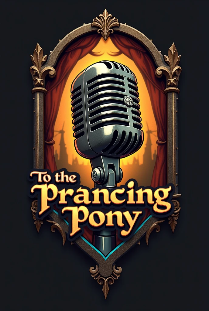 Create a logo for a podcast titled: “To the Prancing Pony” with a microphone in medieval style with the title in the logo