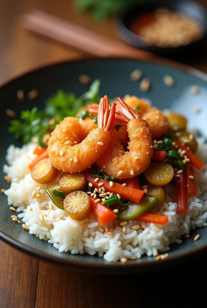 A wok or Chinese rice dish plated on top of rice with 3 breaded shrimp on a bed of Chinese roots and sesame seeds all over the rice