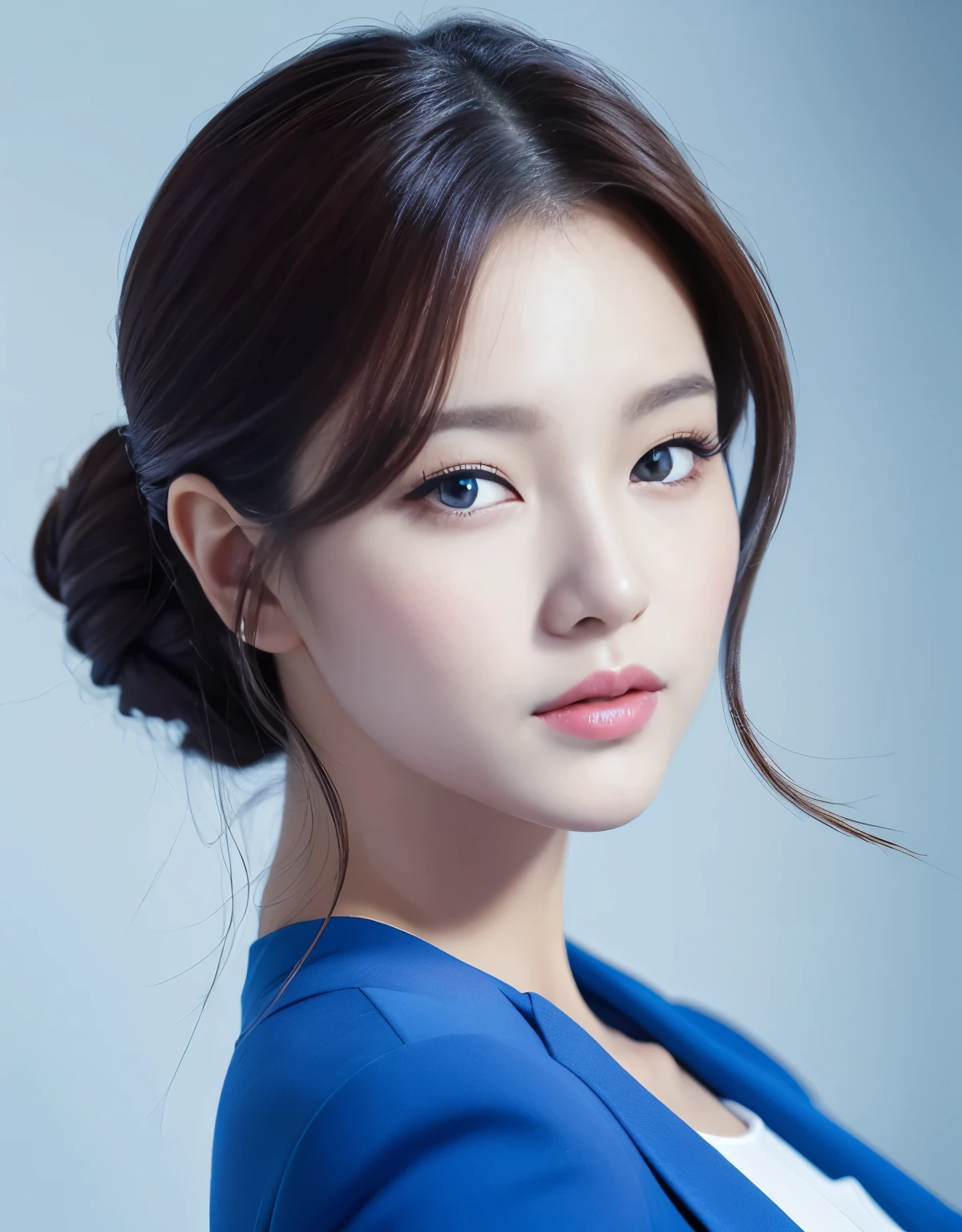 Close up portrait of woman in blue suit and white shirt, Elegant digital art, High-quality portraits, Shiny digital painting, Digital Art Images, Beautiful digital art, Elegant digital painting, Portraits of Korean female idols, Beautiful digital painting, Realistic cute girl drawing, high quality digital painting, TWICE&#39;s Tzuyu, Professional Profile Photo, Korean Girls