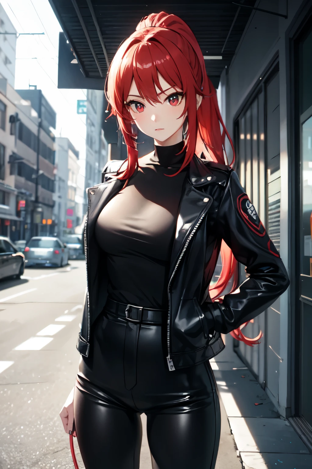 Anime girl with red hair and blue eyes in the city, urban girl fanart, anime style character, Female protagonist 👀 :8, In anime style, inspired by Rei Kamoi, In an anime style, Gainax anime style, very modern anime style, an edgy teen assassin, 2 d anime style, Modern anime style, in the art style of 8 0 s anime