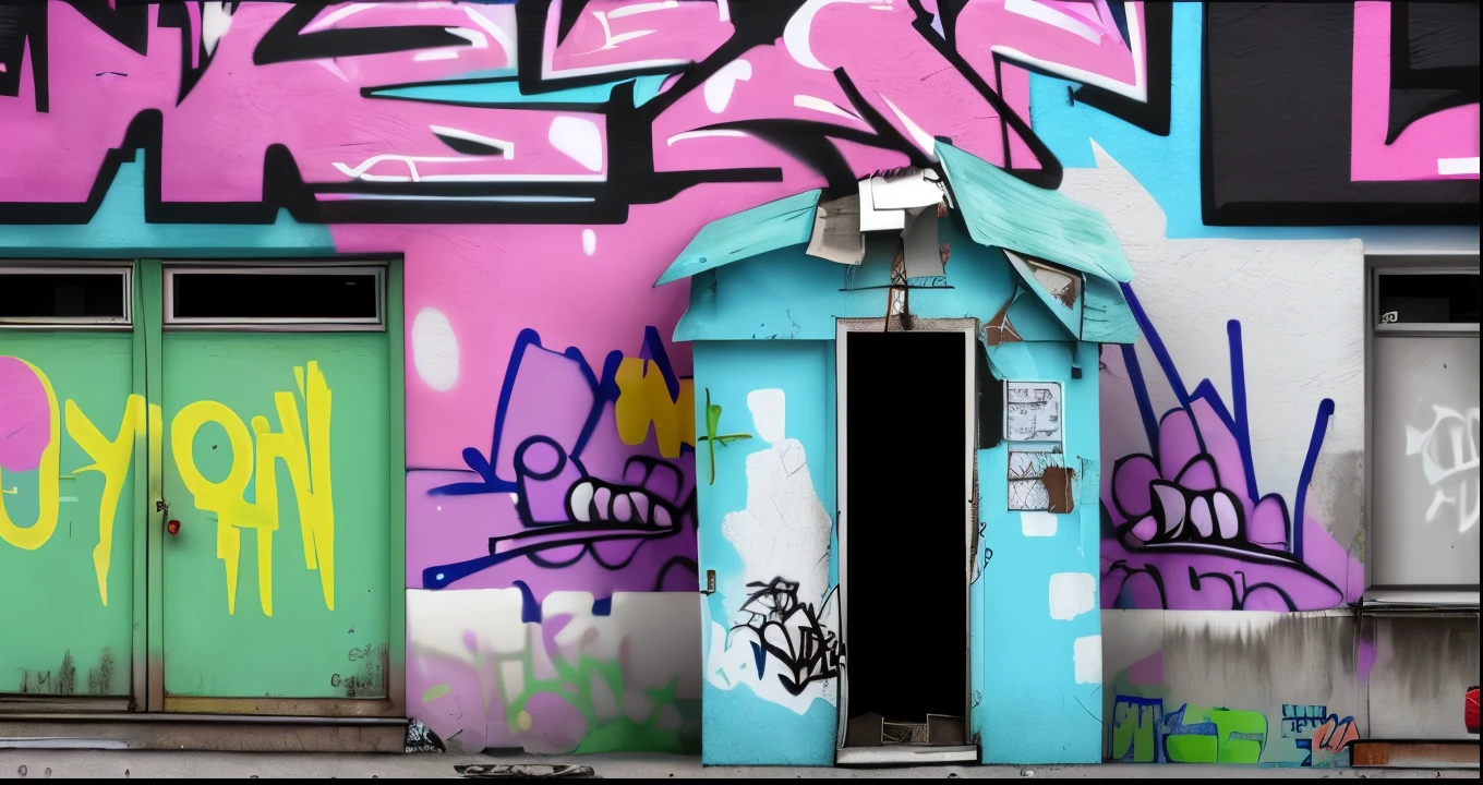 Ein Trap House/Junkie House with broken windows in graffiti style