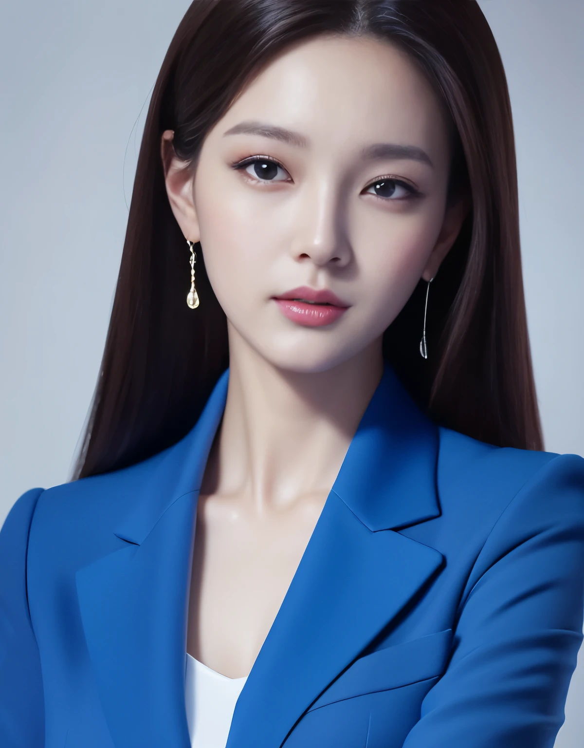 Close up portrait of woman in blue suit and white shirt, Elegant digital art, High-quality portraits, Shiny digital painting, Digital Art Images, Beautiful digital art, Elegant digital painting, Portraits of Korean female idols, Beautiful digital painting, Realistic cute girl drawing, high quality digital painting, TWICE's Tzuyu, Professional Profile Photo, Korean Girls
