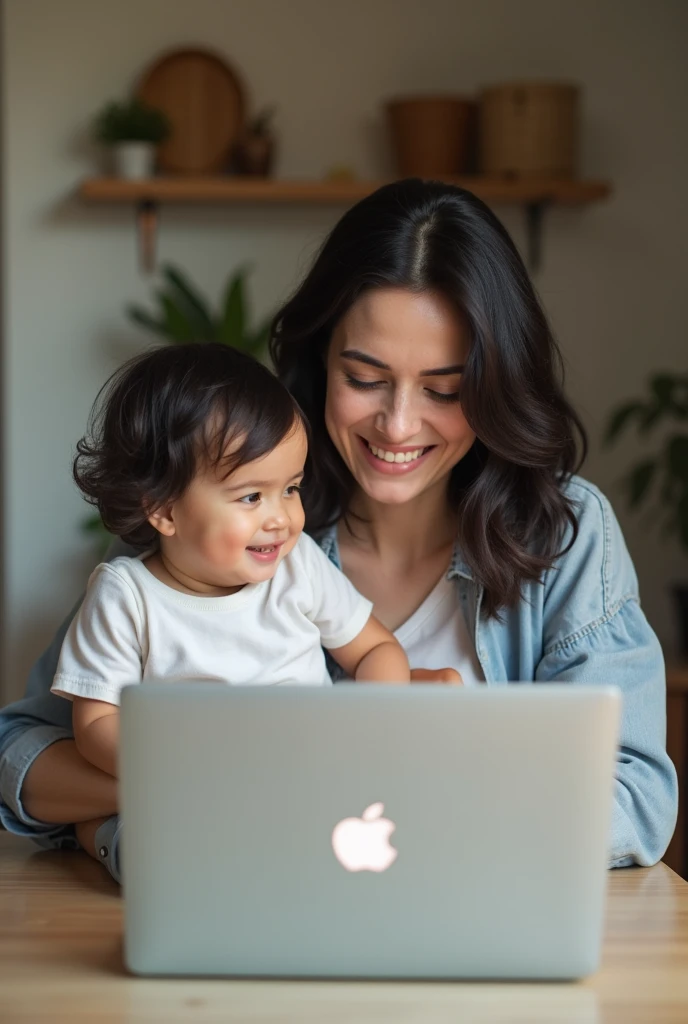 super realistic image of a smiling and happy mother with a in her arms. The baby has black hair and white skin. The mother is at home, sitting in a chair in front of a table with a laptop. She is looking at the open laptop and is smiling and happy. Her house is simple, but well-kept and comfortable.