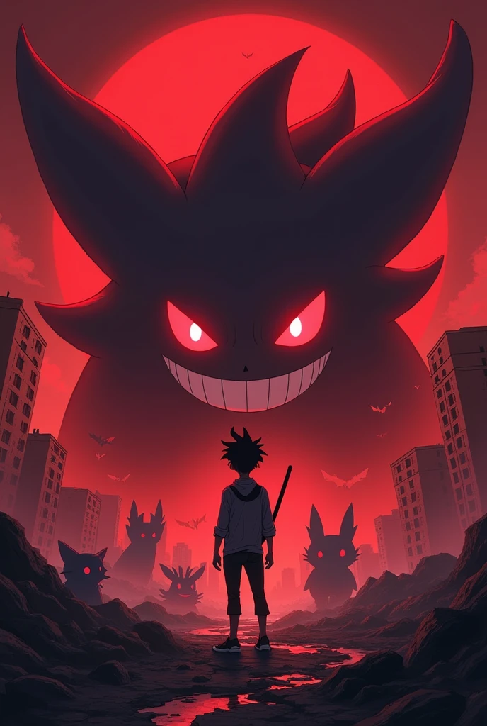Pokémon, red and black theme, reddish night, Ghostly eyes , Mega Gengar, evil smile and big eyes, destroyed city, pokemon illustration, epic anime art, wide evil grin, 4K anime art wallpaper, high detailed official artwork, treinador olhando a destroyed city enquanto o Pokémon Mega Gengar está ao fundo meio desfocado junto de vários Pokémon tipo fantasma.
