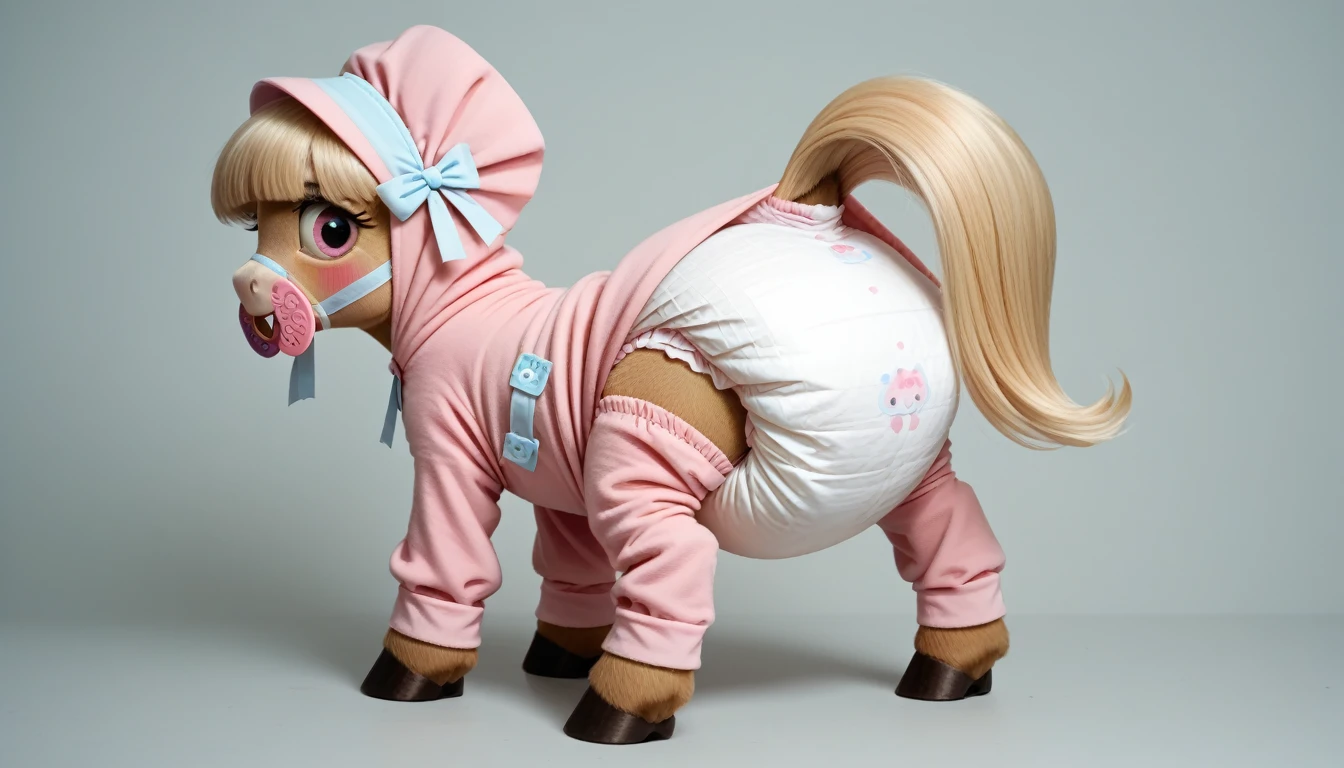 pony, beige earth pony, no horn, no wings, adult mare, stands on four hooves, rear hooves spread wide apart, dressed in onesie, bonnet and booties, pacifier in mouth, solo, thick diaper under clothes, bulge on the back of the diaper, between the hind hooves and on the front of the diaper, sagging diaper, pink blush on cheeks, embarrassment, awkwardness.