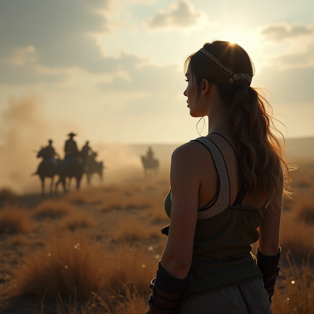 A woman watching a battle in the distance