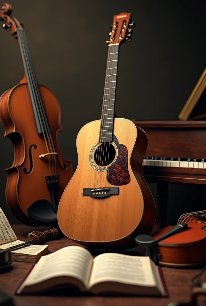 A guitar behind has several instruments and a Bible standing open in front caption instrumental classes