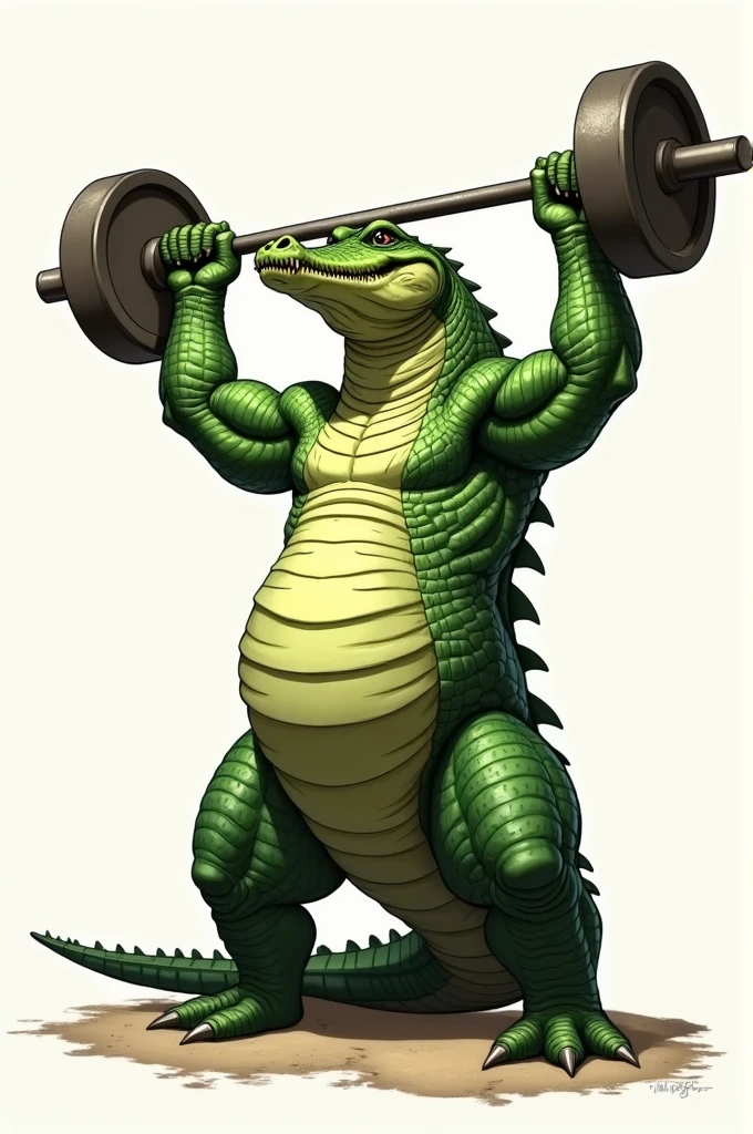 Drawing of a full-body green alligator lifting an iron bar high into the air