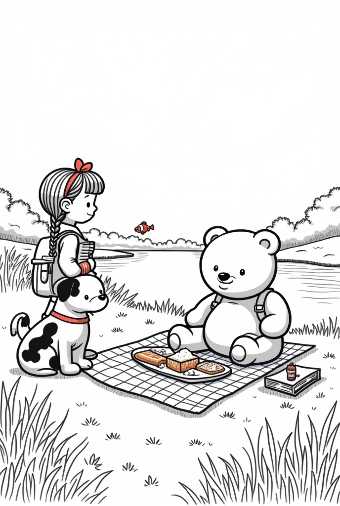 Image of a cute Bobbie Goods coloring book style teddy bear, in a field with a lake while having a picnic with a cute with braided hair and a dress, backpack and books in hand, There will also be a clownfish jumping in the lake water, There will also be a black and white puppy with cow spots and a red bow on her head. Do it in black and white, coloring book style., do without shading, just the lines of the drawing