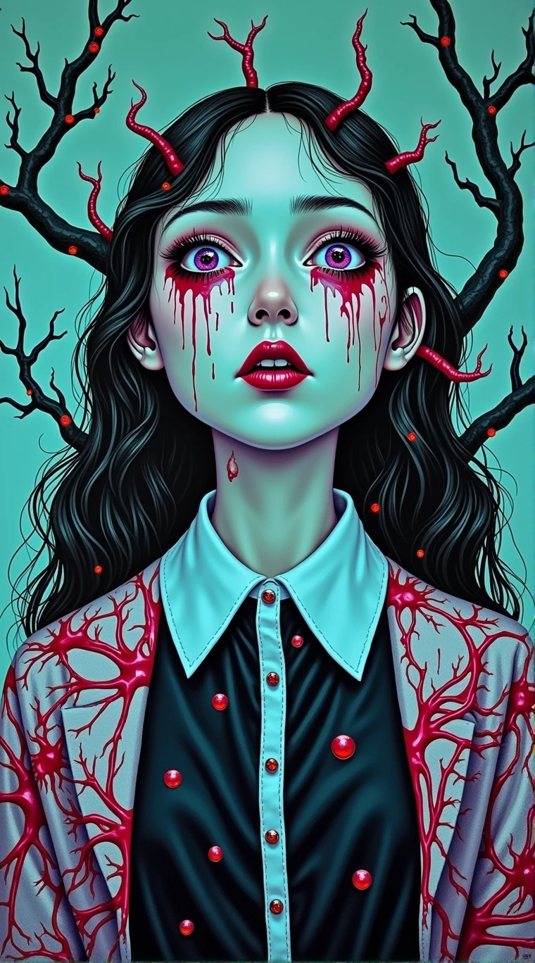 girl with a pretty face, white hair, purple eyes, (((sexy school uniform))), wearing a stylish very sexy school uniform, with a funny expression on her face, Hellwalker, incombing death, hell, black bloody veins growing and intertwining out of the darkness, oozing thick yellow blood, veins growing and pumping blood, (male body:1.6), 1 man, vascular networks growing, connecting, explanding, red veins everywhere, zdzislaw beksinski, (sharp colors:1.3), (rainbow skin:1.1), (Infrared:1.2), ultra detailed, intricate, oil on canvas, ((dry brush, ultra sharp)), (surrealism:1.4), (disturbing:1.5), beksinski style painting, satanic symbols, (full torso), full body in frame, centered body, (male:1.2), realistic, ((intricate details)), (pale gothic evil king), dynamic pose, perfect face, (realistic eyes), perfect eyes, ((dark gothic background)), sharp focus, A product shot from a bird's view with fish eye lens capturing a necromancy book with cover from white human flesh with a screaming decayed death face stretching itself out of the human leathery skin cover and glowing gems where the eyes should've been, in a magical environment, white leathery book, foreshortening, masterpiece, best quality, photograph, dreamlike, face focus, intricate details, sharp focus, photography, photorealism, photorealistic, soft focus, volumetric light, gelatinous, jelly, slime, eldritch, (dark magic), (grim), (intricate details), (hyperdetailed), 8k hdr, high detailed, lot of details, high quality, soft cinematic light, dramatic atmosphere, atmospheric perspective, face focus