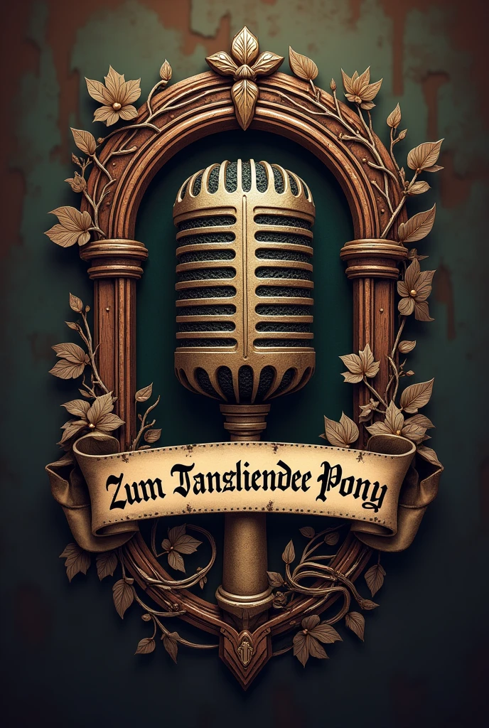 Create a logo for a podcast titled: “To the Prancing Pony”, with a medieval style microphone, with the title in the logo in German