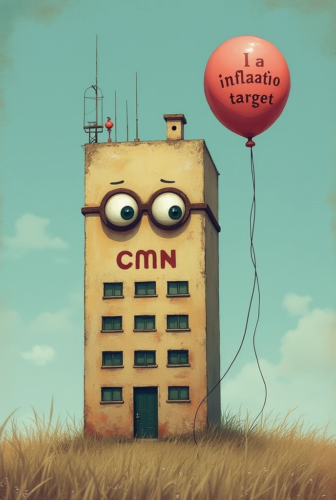 Create a building. this building has eyes (as a person). Written below his eyes is the word "cmn". Next to the building, there is a balloon with text inside, written exactly in Portuguese: "I determine the inflation target".
