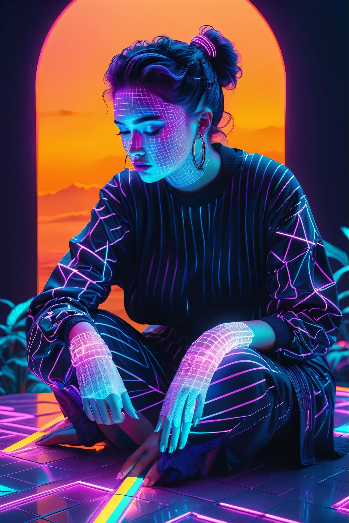 A beautiful detailed girl in a dreamlike vaporwave landscape, colorful neon lights, glowing futuristic elements, intricate geometric patterns, cinematic lighting, pastel colors, ethereal atmosphere, surreal and psychedelic, 8k, best quality, masterpiece, ultra-detailed, photorealistic