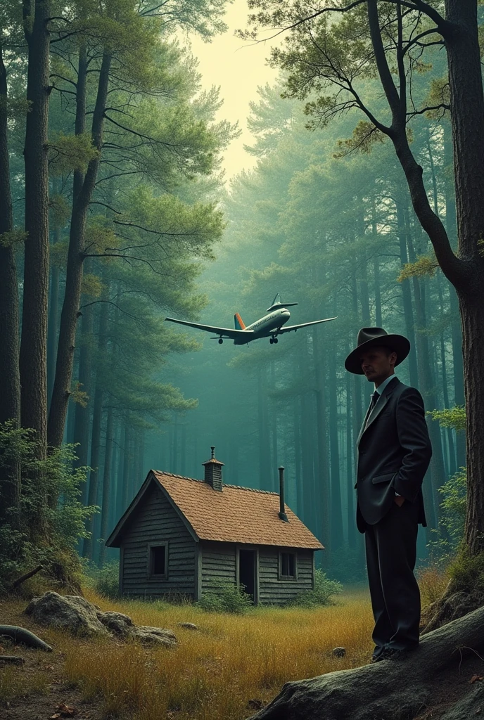 a background with a forest. at the forest, there is a small abandoned house, a crashed plane, a man in a hat and suit with no face. the elements are around the image, like a mosaic.