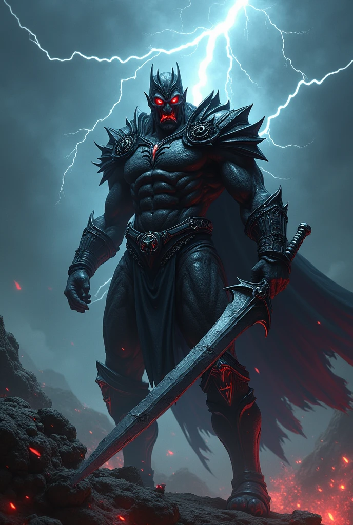 Evil man, blood, thunder eyes, strong, warrior with black sword in armor