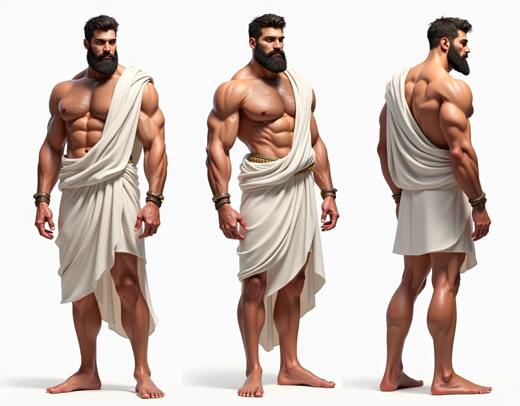 (masterpiece), ultra detailed, 3 views, character view (Front view, side view , back view), (detailed character sheet) , reference sketch of a god, God of Greek mythology, His physical appearance is often portrayed as having a strong and muscular build., Wearing traditional Greek white clothing, like a loose tunic or chiton, Ultra-realistic, crisp, intricate details, intricate details, and style, Simple background illustration.