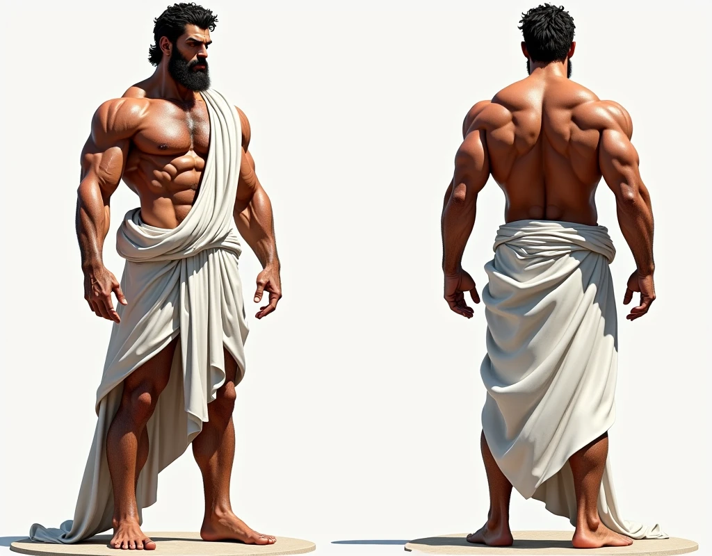 (masterpiece), ultra detailed, 3 views, character view (Front view, side view , back view), (detailed character sheet) , reference sketch of a god, God of Greek mythology, His physical appearance is often portrayed as having a strong and muscular build., Wearing traditional Greek white clothing, like a loose tunic or chiton, Ultra-realistic, crisp, intricate details, intricate details, and style, Simple background illustration.