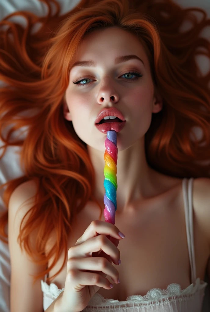 (full body shot:1) photorealistic image of a (laying pose:1) woman, ultrarealistic, photography, long red hair, woman, 24 years old, hourglass figure, perfect body, Flirty look, natural medium breasts, blur background, her wet tongue licking a thick and long rainbow-coloured spiral lollipop, a little bit of saliva is dripping from her tongue, seductive look, long eyelashes, cat-eye make-up