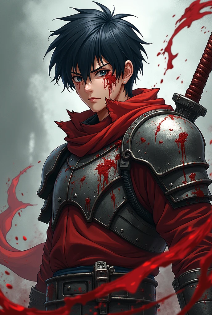 An anime-style young man with broken armor and covered in blood