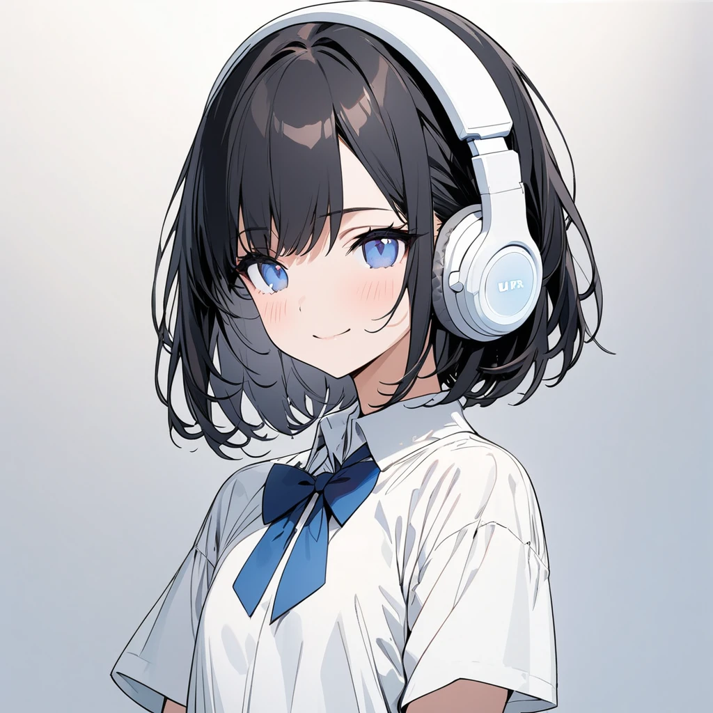 ((ultra-detailed))/one women, short black hair and bob hair.、beautiful blue eyes,.、smile、gentle smile on her face、flat chest, one Beautiful girl,((masterpiece, illustration, best quality) ((ultra-detailed))/solid white background,blank background, while wearing wireless white headphones, full upper body, white dress shirt, blue bowtie, no cut outs