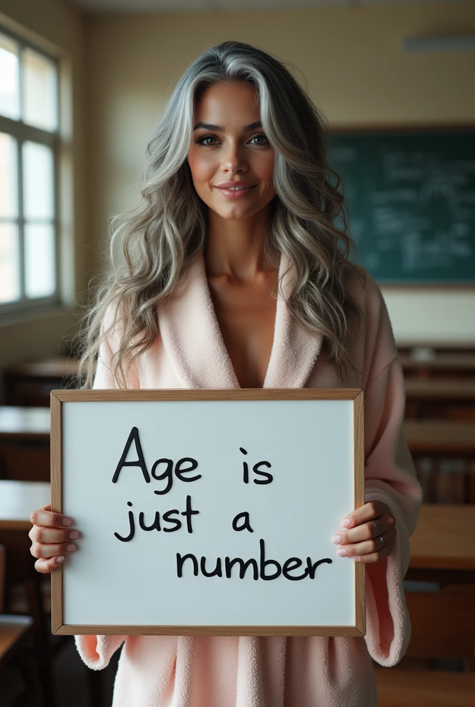 A beautiful youthful looking Hispanic version of a gray haired Selena Gomez as a 50 years old woma n with long her completely gray hair in a big curls styles as a supermodel wearing a bathrobe standi ng in a high school classroom holding a white boar d with text "I age is just a number" and showing it to the viewer