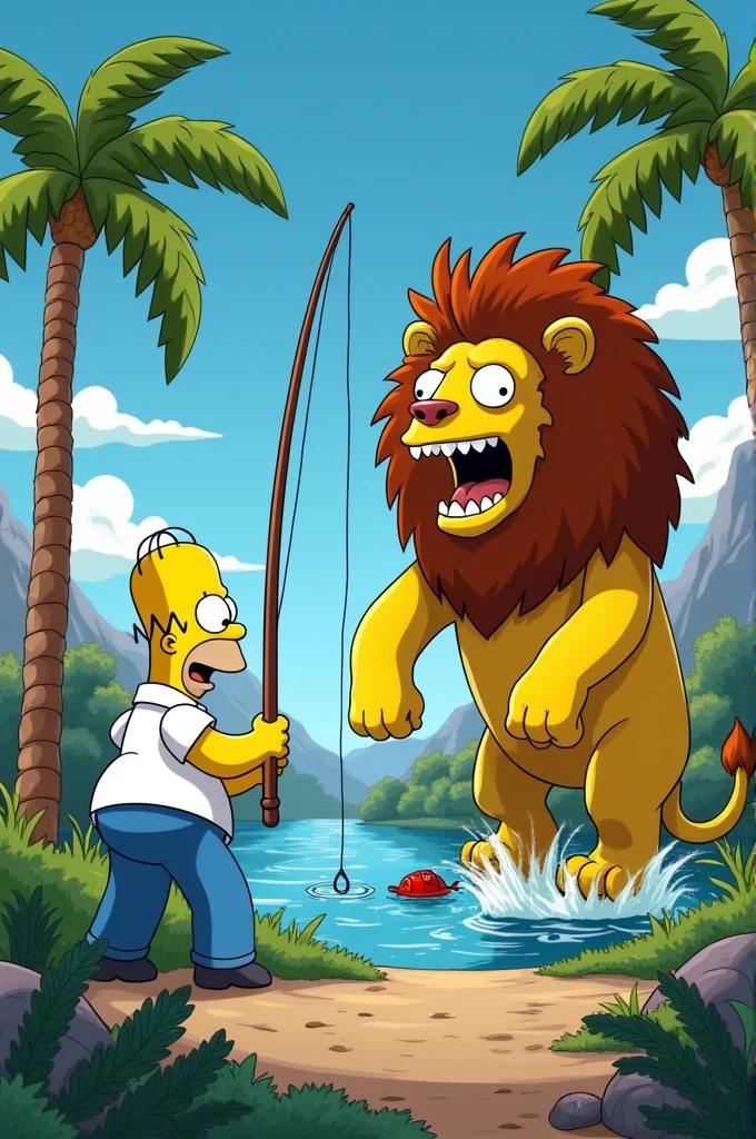 Image of super homer capturing a lion with a fishing rod