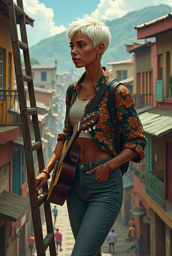 A brown-skinned Brazilian woman with short white hair, climbing a ladder in the favela, wearing a floral print jacket, WITH A GUITAR ON THE BACK.