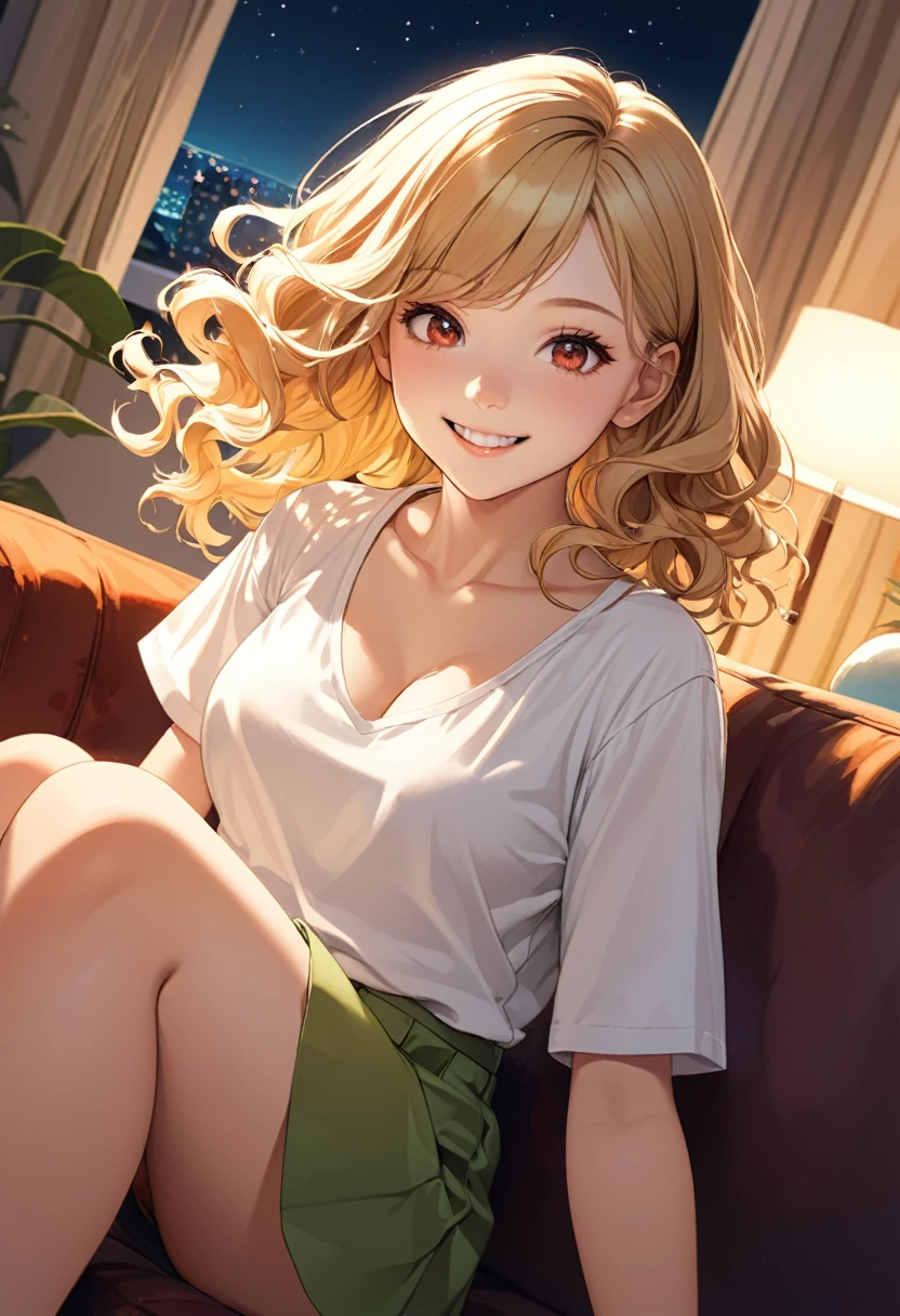 detailed illustration, dynamic angle, ultra-detailed, illustration, 1girl, 18 year old, school girl, red eyes, white blouse, short blonde hair, smiling, happy, wavy hair, tight yellow t-shirt, cleavage, medium breasts, short green skirt, sitting on couch, living room, night time