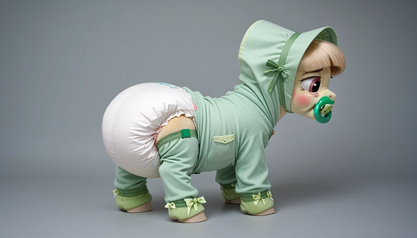 pony, beige earth pony, no horn, no wings, adult mare, stands on four hooves, rear hooves spread wide apart, dressed in green onesie, light green bonnet and green booties, green pacifier in mouth, solo, thick diaper under clothes, bulge on the back of the diaper, between the hind hooves and on the front of the diaper, sagging diaper, pink blush on cheeks, embarrassment, awkwardness.