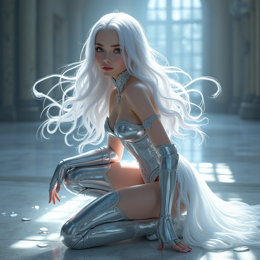 A girl with long white hair wearing a silver corset and a silver skirt and silver thigh-high boots doing a squatting pose on the floor 