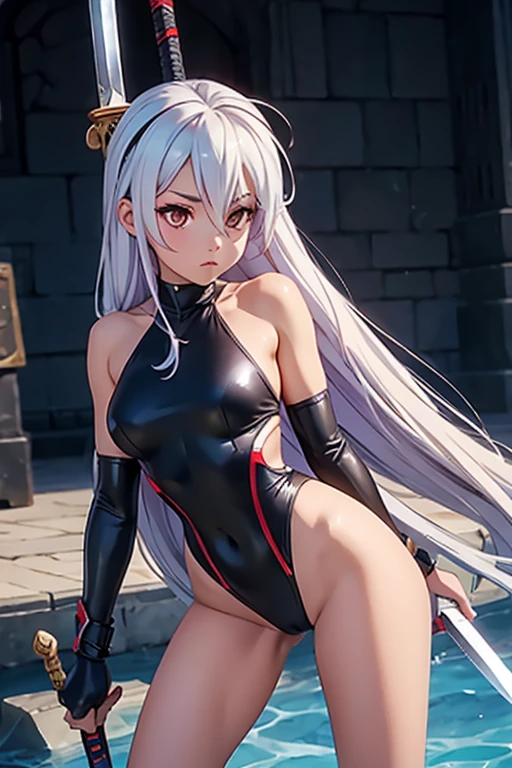 a bit, Warrior Girl, Black high leg swimsuit, sword,armor、Shiro