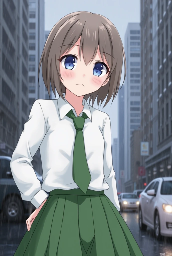 1 girl, by rubio, short hair, blue eyes, White shirt, green tie, green skirt, city, rain, detailed background big tits nude