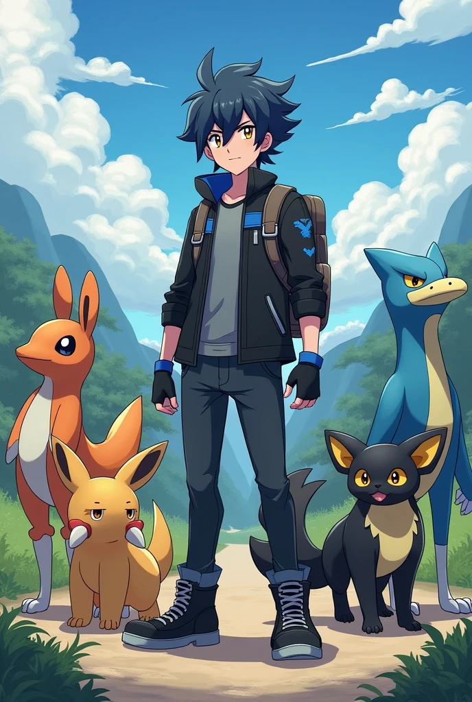 Kai is a young man of average height, with an athletic build. He has black and messy hair, with some dark blue highlights falling over his forehead. His eyes are amber, which gives him an intense and determined look. He wears a black leather jacket with blue details., a grey t-shirt underneath, dark pants and sturdy boots. Always carry a travel backpack on your back and fingerless gloves. His Pokémon team consists of: Ampharos, Gyarados, Lucario, Togekiss, Crobat y Garchomp.