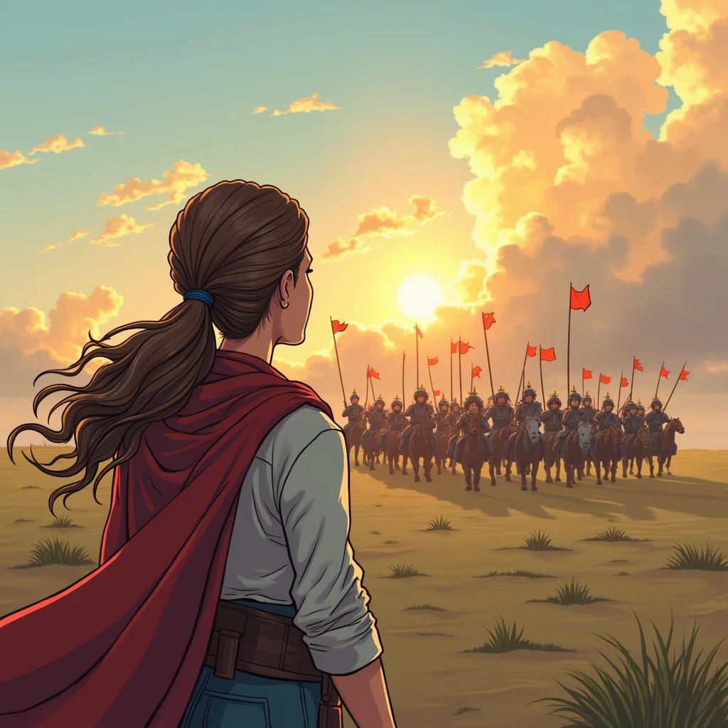A woman watching a battle in the distance, cartoon style

