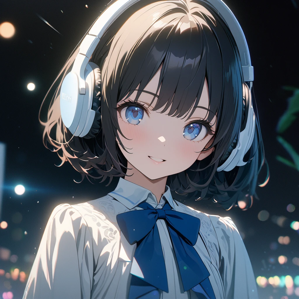 ((ultra-detailed))/one women, short black hair and bob hair.、beautiful blue eyes,.、smile、gentle smile on her face、flat chest, one Beautiful girl,((masterpiece, illustration, best quality) ((ultra-detailed))/solid white background,blank background, while wearing wireless white headphones, full upper body, white dress shirt, blue bowtie, no cut outs 濃い青とBeautiful Blueのグラデーション, High resolution, 8K HD detail, hyper-detail, cinematic, surrealism, soft light, deep field focus bokeh, ray tracing and surrealism. --v6