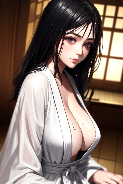 masterpiece, Highest quality,  Unreal Engine,  Super Resolution,  Very detailed, Complex, colorful, Clear images, Sharp focus, Digital Blending, 

Beautiful woman, Yamamura_Sadako, ((Wet white robe)), ((Pale skin)), (Ghost Woman), Black Hair, Perfect Eyes, Perfect Face, Ultra detailed hair, Ultra detailed face, Very detailed lips,Vivid expression, Healthy Body, Beautifully detailed sweat glands, Smooth skin texture, Carefully drawn,
(humidity:1.2), Beautiful Eyes, (Attractive face:1.2), (Beautiful Skin), (Big Breasts), Puffy nipples, Sticky with sweat, In a dynamic pose,

The World of Rings, indoor, Old Japanese house, 